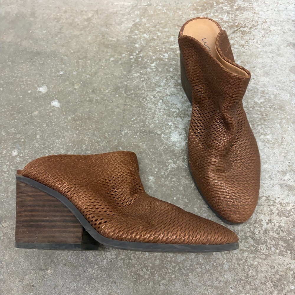 Lucky brand bronze chunky western mules Women's Mules